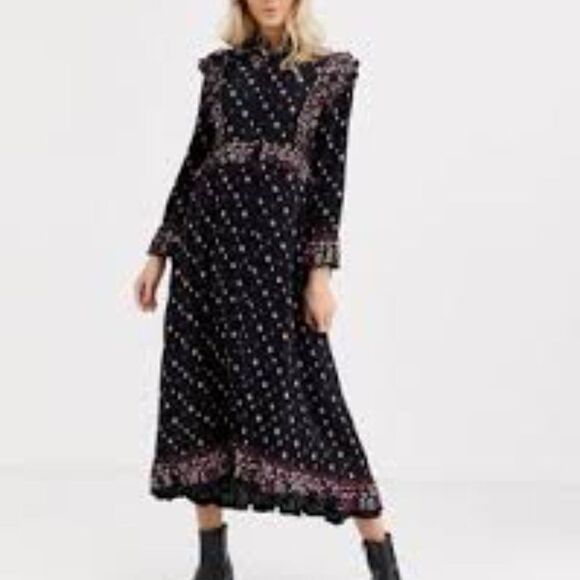 Free People Calico Skies Black Combo Midi Dress Button Front Size XS NEW - Picture 1 of 10